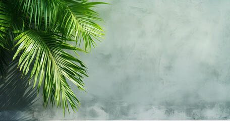 Obraz premium Lush green palm leaves contrast against a textured gray wall, creating a serene and calming atmosphere in a tropical-inspired space, ideal for relaxation and decor