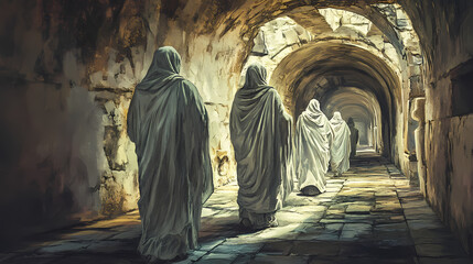 Hidden catacombs within roman temple house revered figures in eternal rest. Eternal Path. Illustration