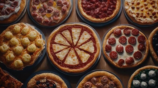 Rotating assortment of gourmet pizzas and savory toppings in a circular display
