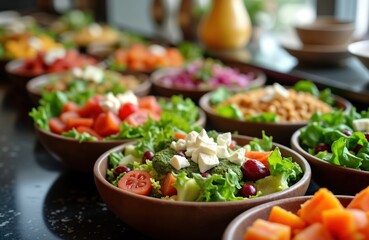 Restaurant buffet features variety of fresh vegetable salads in rustic bowls. Healthy, delicious meal options available. Restaurant dining experience. Vegetarian, healthy meal choices. Catering