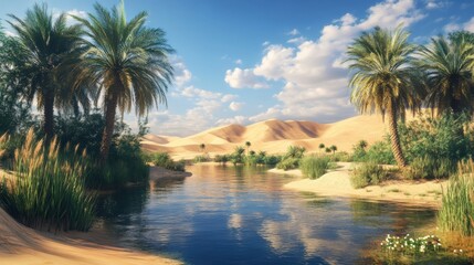 Fototapeta premium Serene Oasis River Amidst Desert Dunes And Palm Trees