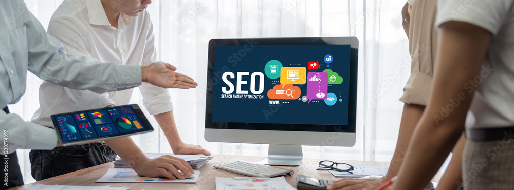 Poster seo search engine optimization for brisk e-commerce and online retail business showing on computer s