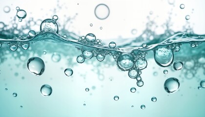 Clear water surface shows many bubbles. Transparent bubbles float, fly in liquid. Water ripples create patterns on surface. Image evokes feeling of purity, freshness. Close-up view of water texture.