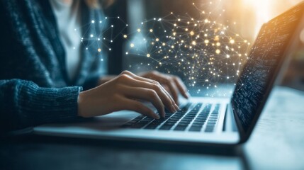 Woman's Hands Typing on Laptop with Golden Network Graphic