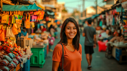 Fototapeta premium A woman standing in front of a market stall smiling