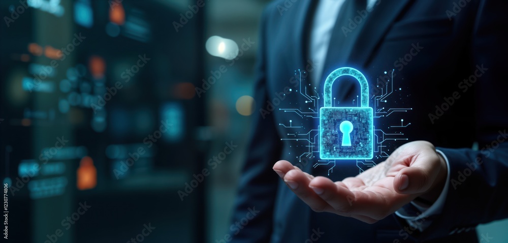 Poster business person holds glowing lock data protection. tech expert demonstrates secure encryption. cybe
