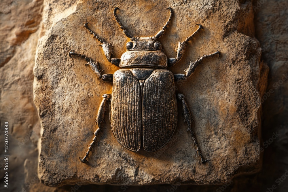 Poster a well-preserved fossilized beetle embedded in ancient rock, showcasing intricate details.