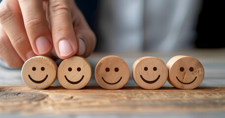 Hand arranging wooden smiley face tokens on a rustic wooden table, showcasing emotions in a creative display during a casual setting