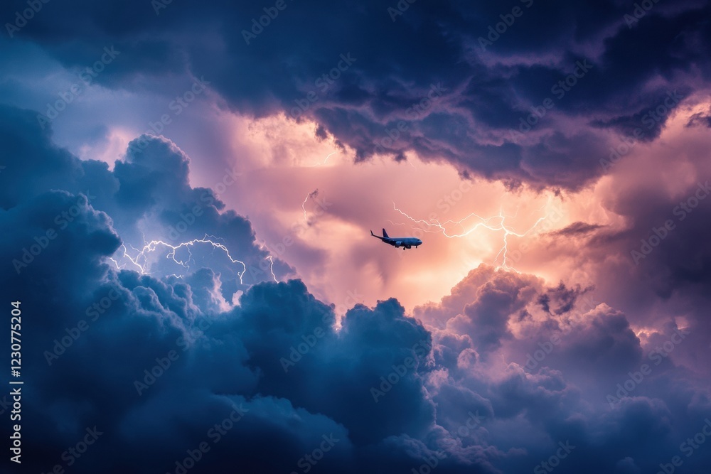 Poster airplane navigates through turbulent stormy clouds with lightning in the background at twilight. gen