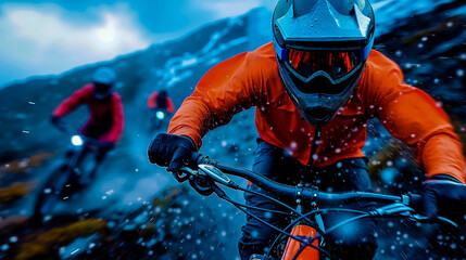 A man riding a mountain bike in the snow