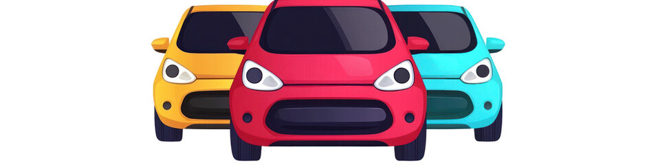 Three cartoon style cars in red, yellow, and blue parked together, isolated on a transparent background, png, alpha