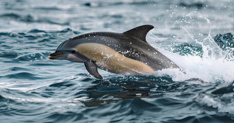 Obraz premium Dolphin leaping through ocean waves during midday in a coastal area showcases nature's beauty and grace in marine life
