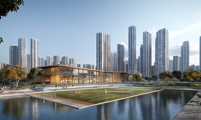 Fototapeta premium Outdoor Sports Complex Surrounded by Towering City Skyscrapers, Offering a Modern Edge