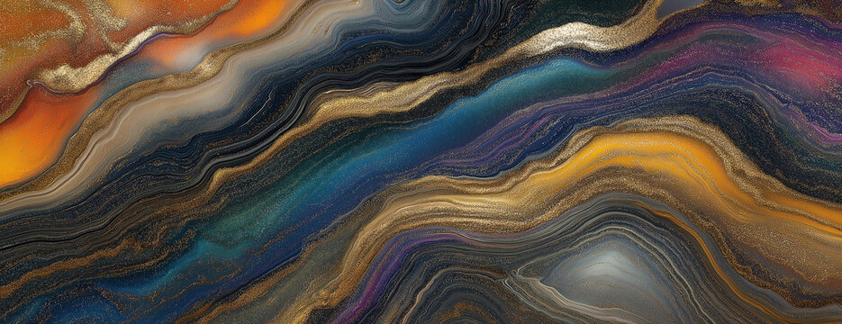 A vibrant and colorful abstract background featuring swirling patterns in dark blue, gold, orange, purple, green, red, pink, silver, and black. The design mimics the texture of liquid metal or marble 