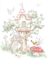 whimsical illustration of fairy tale scene featuring treehouse, bear, and rabbit playing saxophone. enchanting atmosphere is enhanced by flowers and birds