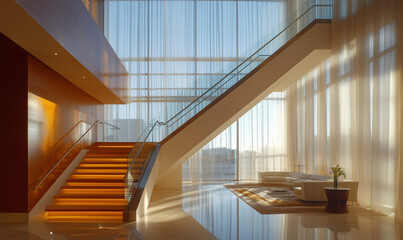 Obraz premium Contemporary Staircase Showcasing a Sleek Stainless Steel Railing for a Modern Aesthetic