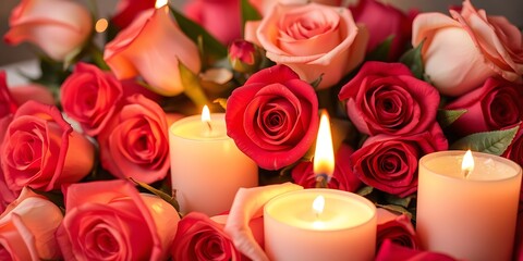 High-resolution stock photo  A meticulously arranged scene of roses and candles for a Valentine's Day theme.  Warm lighting accentuates the texture of the petals and the candle wax. Professional, comm