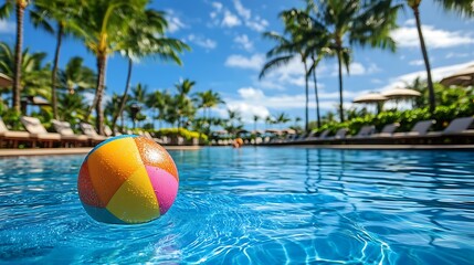 a brightly colored beach ball floating in the clear, turquoise water of a resort swimming pool
