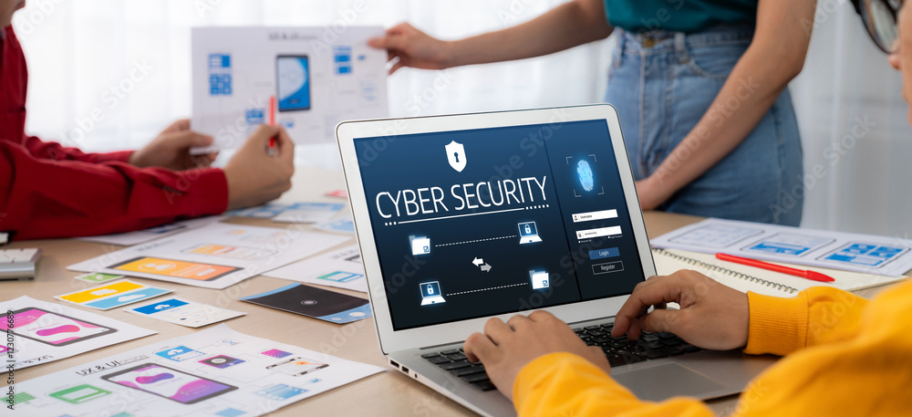 Poster cyber security system on computer screen protect private information brisk from hacker and cyber att