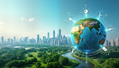 Eco tech future of planet. Global sustainable development goals. Planet earth with tech symbols. City, green park. Clean energy future. Sustainable eco friendly technologies. Modern eco concepts.