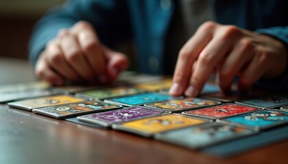 Fototapeta premium Person playing trading cards. Hands arranging colorful cards on table. Focus on hand movements, card arrangement. Game in progress. Casual atmosphere. Individual engaging in hobby. Strategic card