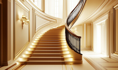A Classical Staircase with Mahogany Railings and Soft Curves, Adding a Luxurious Touch