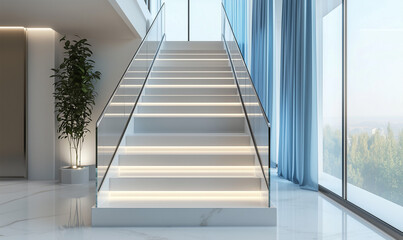 Fototapeta premium This Clean-Lined Staircase Features a Clear Glass Railing for a Modern, Sleek Appearance