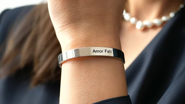 Modern Minimalist Bracelet Engraved with Amor Fati on Businesswoman Wrist