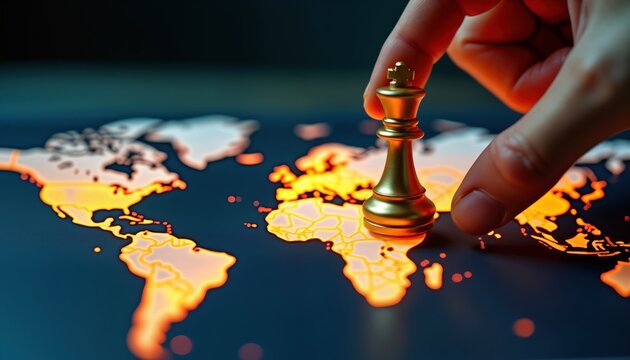 Gold chess king piece positioned on glowing world map. Strategic global influence symbolized by game play. Hand places piece on map signifying decision. Competition, power represented in game. Global