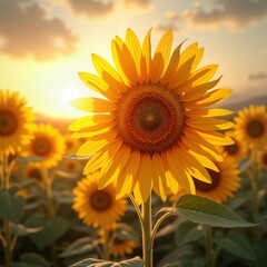 Obraz premium Beautiful sunflower field at sunset. Bright yellow sunflowers stand tall in field. Golden light shines through flowers, fills scene with warmth, beauty. Inspiring, positive image perfect for new