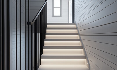 Fototapeta premium A Scandinavian Staircase with Matte Black Railing, Perfectly Blending Simplicity and Modern Design