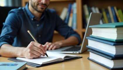 Adult educator prepares online course materials. Person writes in notebook beside open laptop. Books stack on wooden table. Person in casual wear. Home study environment. Online learning session