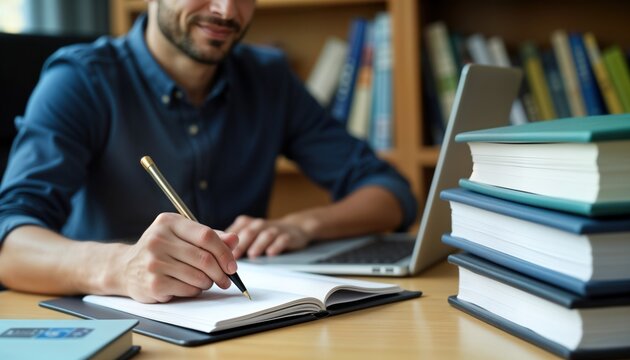 Adult educator prepares online course materials. Person writes in notebook beside open laptop. Books stack on wooden table. Person in casual wear. Home study environment. Online learning session