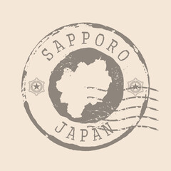 Stamp Postal of Sapporo is city of Japan. Map Silhouette rubber Seal.  Design Retro Travel. Seal  Map of Sapporo grunge  for your design.  EPS10