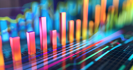 Obraz premium Colorful abstract data visualization displays various trends and metrics in a modern financial analysis, showcasing vibrant bar graphs and line charts in a tech-inspired environment