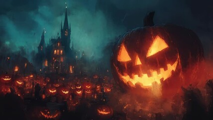 Halloween night: spooky jacko'lanterns illuminating dark festival gathering