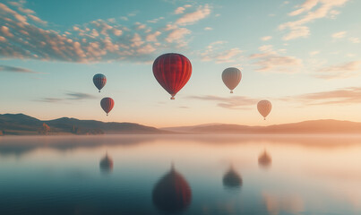 Fototapeta premium A Balloon Festival in the Sky at Dawn with Multiple Hot Air Balloons, Offering a Beautiful and Colorful Sight