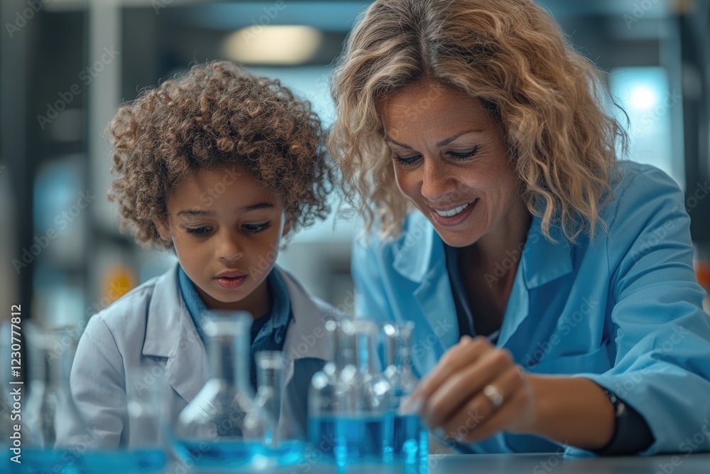 Poster a young student conducts a science experiment with the guidance of a teacher in a lab setting.