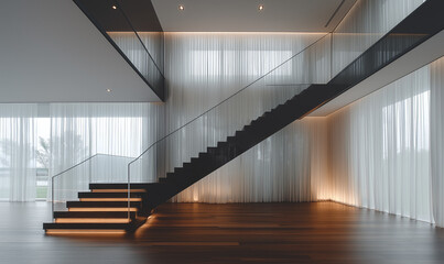 Obraz premium A Spacious Staircase Design Features a Black Glass Railing for a Sleek, Modern Touch