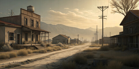 Abandoned ghost town under soft sunlight with overgrown plants and mountains in background