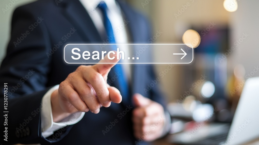 Poster businessman using a digital search bar interface on a touchscreen.