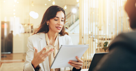 Business woman, document and meeting for job interview, assessment and discussion as employee....