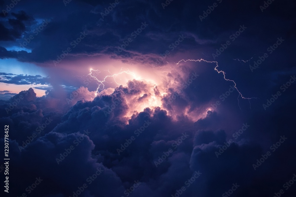 Poster Airplane navigating through turbulent skies amidst stormy clouds and intense lightning display. Generative AI