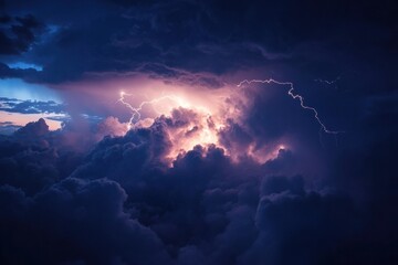 Airplane navigating through turbulent skies amidst stormy clouds and intense lightning display. Generative AI