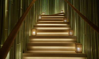 Fototapeta premium Zen-Inspired Staircase with Bamboo Railings, Creating a Serene and Tranquil Atmosphere