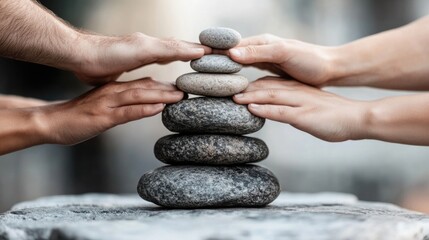 Diverse adult hands balancing pebble tower symbolizing unity and cooperation