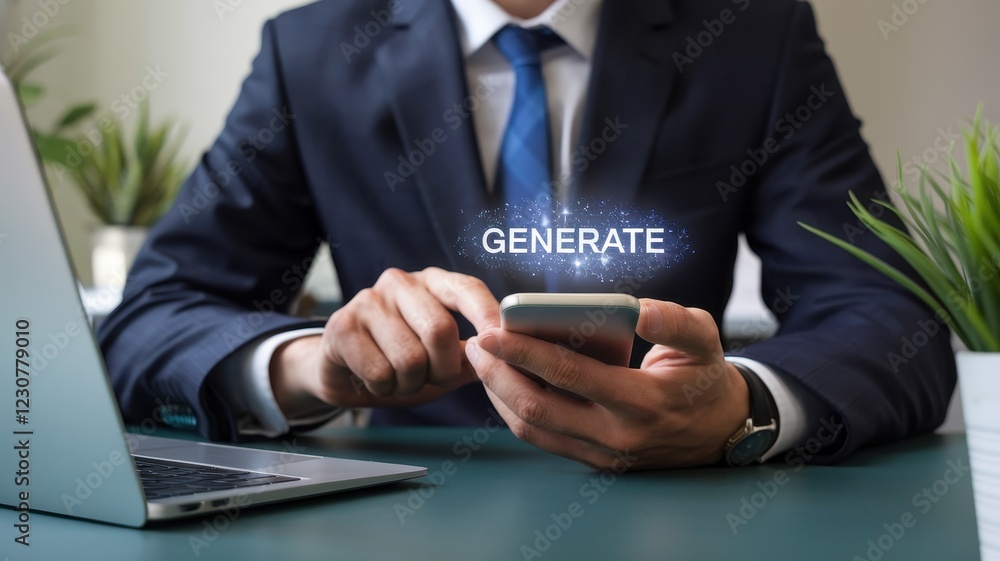 Poster businessman using smartphone to generate data