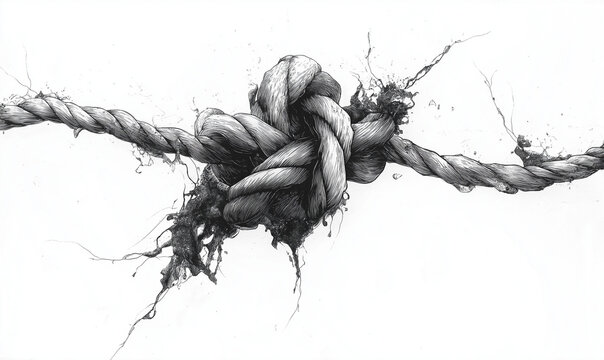A Rope Knot Coming Undone with Strands Unraveling in a Tension-Filled Moment of Release