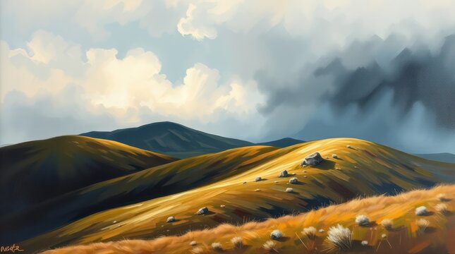 Golden Horizons &ndash; A breathtaking landscape close-up of rolling golden fields under a vast, cloudy sky.