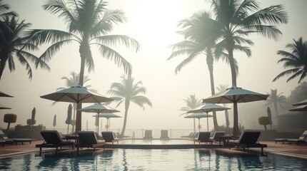 Obraz premium Tropical Serenity – A misty close-up of a luxurious beachside resort with palm trees and an infinity pool.